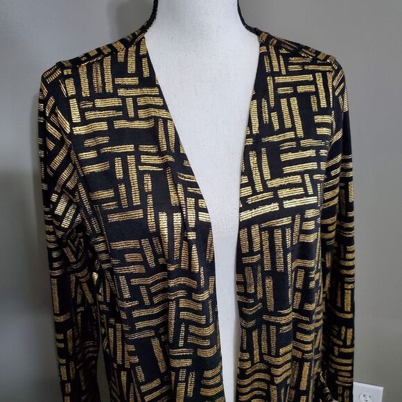 LuLaRoe Elegant Sarah Cardigan Womens Size Medium Duster Black Gold Shimmer - Picture 4 of 13